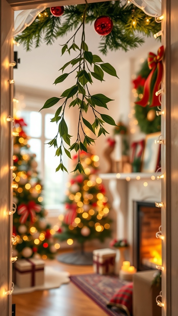 A festive Christmas doorway adorned with mistletoe, lights, and holiday decorations in a cozy living room.
